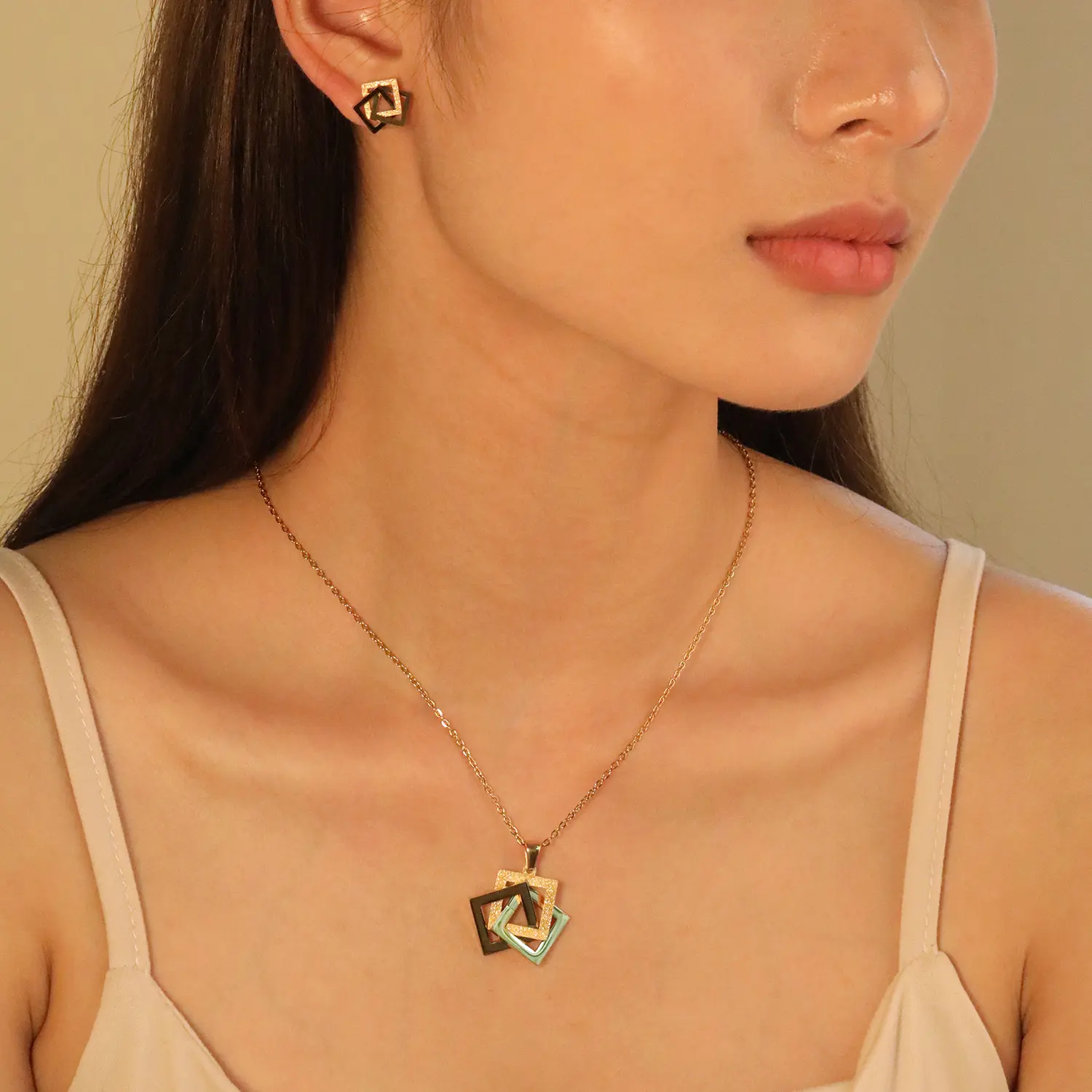 Geometric Necklace And Square Stud Earrings Womens