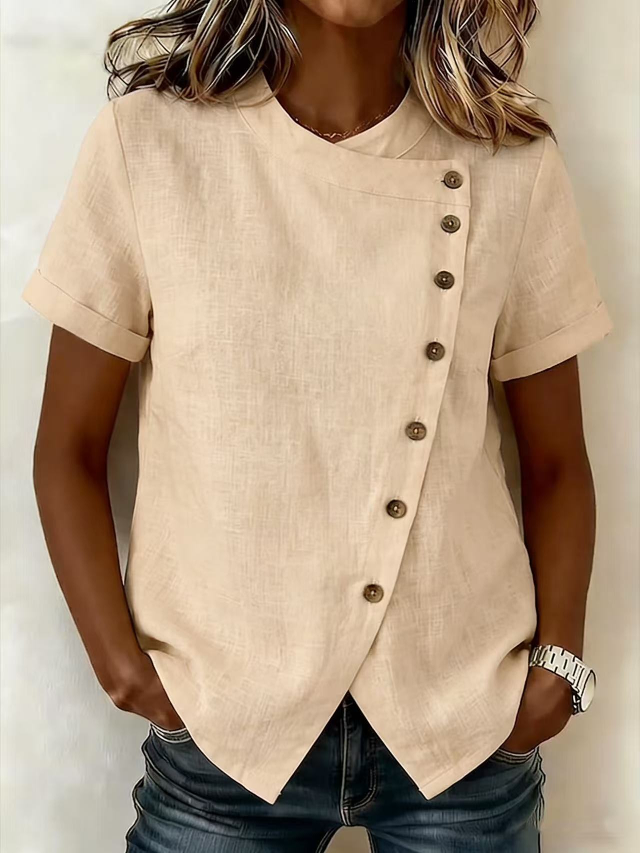 Women's asymmetrical cotton linen top – wine red colorway full view