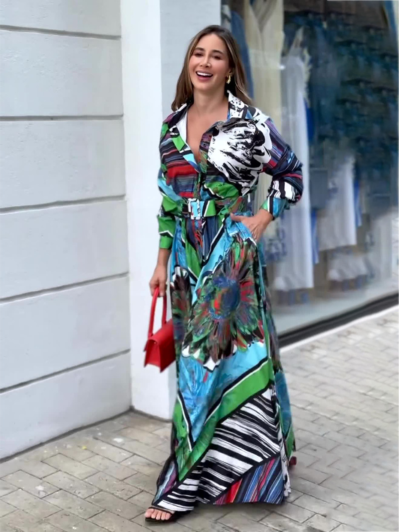 Title 6, Printed Dress Long Sleeve Cardigan Belt Long Dress