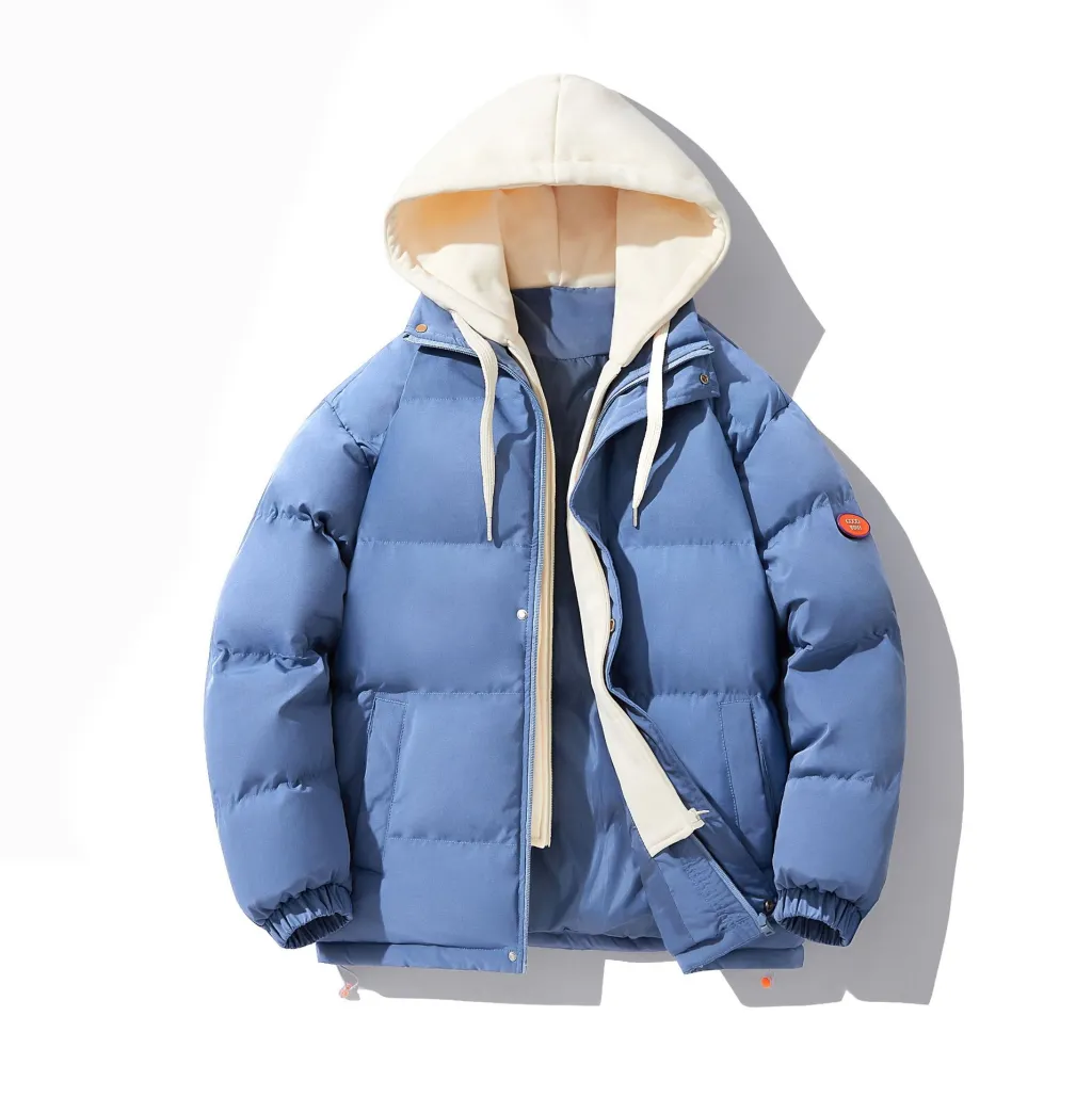 Cotton Coat Jacket Men's Fake Two-piece Hooded Teenagers - Blue