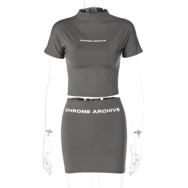 Summer Letters Printed Crew Neck Top Skirt Suit Dark Gray - Shop at LoveMi