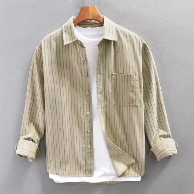 Men's Striped Fashion Leisure Artistic Shirt Khaki - Shop at LoveMi