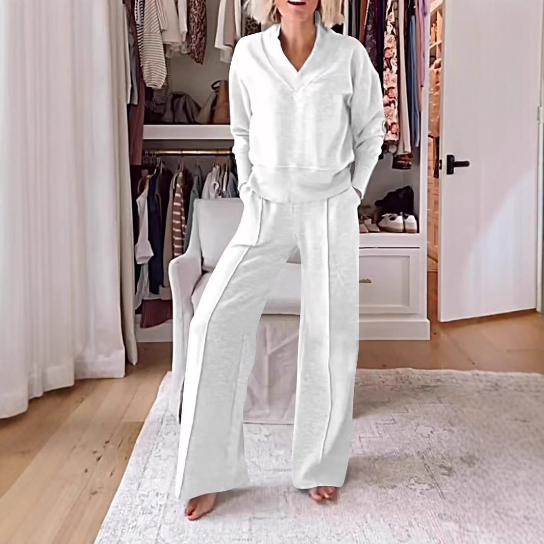 Women's Pullover Suit Casual Collared Long-Sleeved V-neck Top And Loose Straight-Leg Pants Fashion Sweatshirt Sport Trousers Set - Image 9