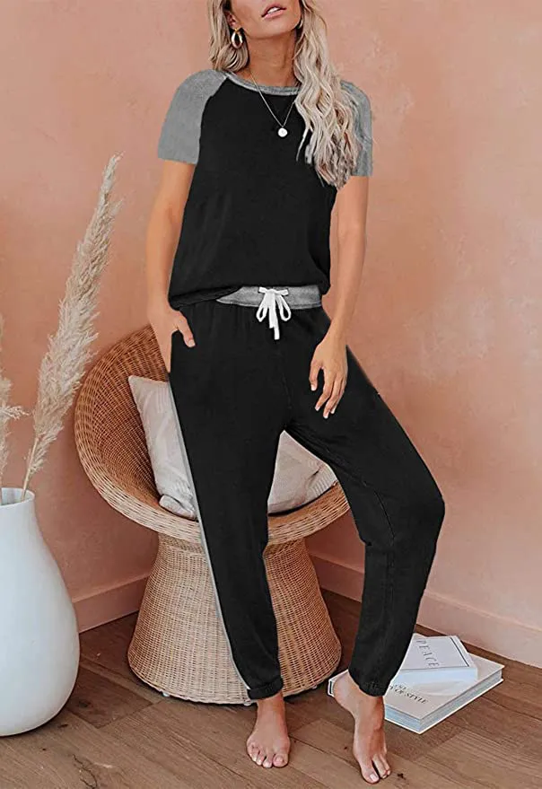 Solid Colour Stitching Fashion Round Neck Short Sleeves Casual Suit - Black