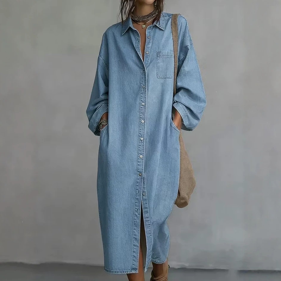 Single-breasted Loose-fit Denim Shirt Casual Dress