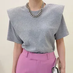 Summer Niche Candy Colour Round Neck False Two-piece Pullover T-shirt Top - Dark Grey - View 1