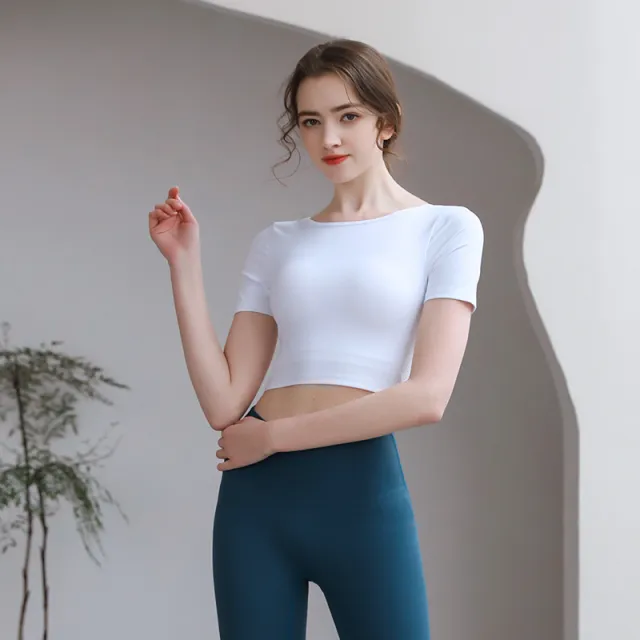 Tight Top With Chest Pad Beauty Back Breathable Yoga Clothes Short Sleeve White - Shop at LoveMi
