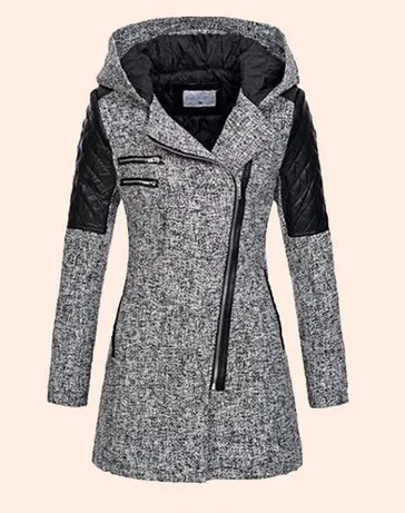 Women Warm Slim Full Zipper Coat Thick Woolen Coat Female Fall Winter Windbreaker Hooded Diagonal Zipper Women's Clothing Light Gray - Shop at LoveMi
