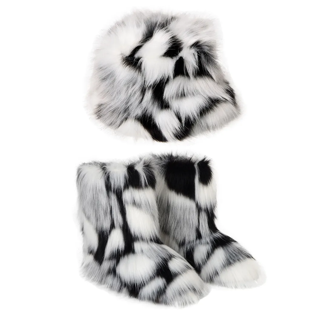 Warm Plush Boots Color Fur Bucket Hat - Color 4 Suit-39