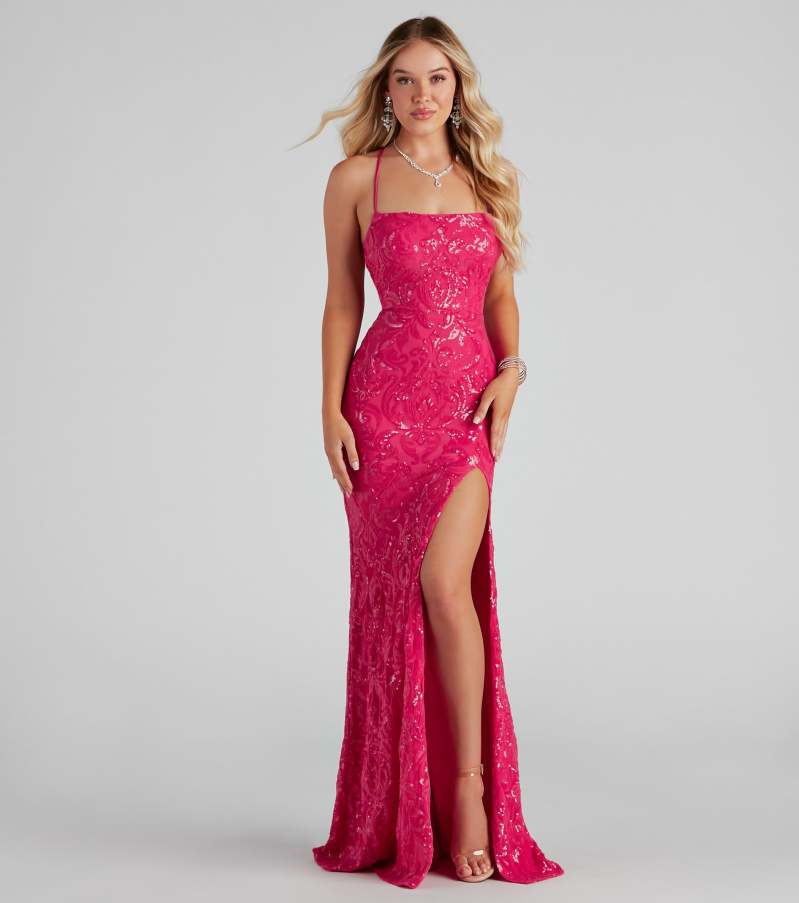 Sexy One shoulder Sequin Floor length Elegant Slit Dress Rose - Shop at LoveMi