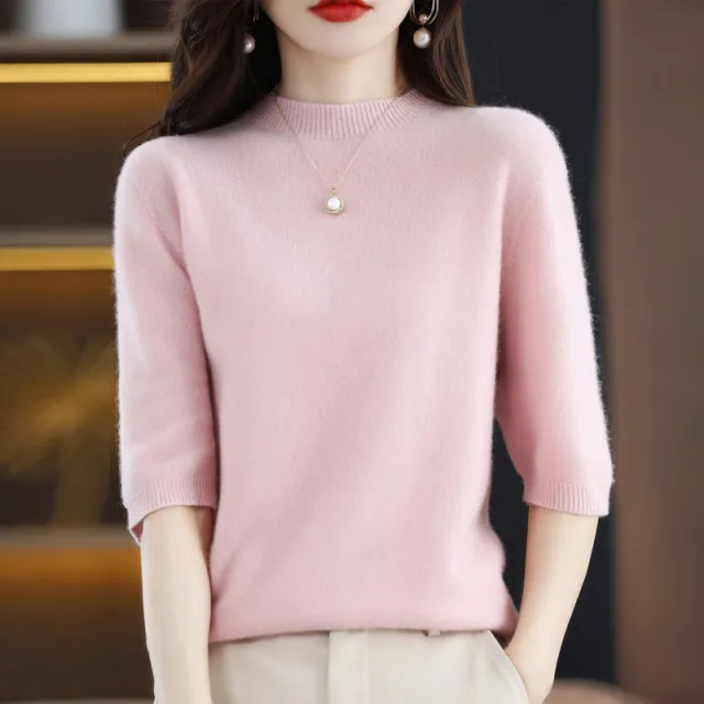 Pure Wool Women's Half Turtleneck Short Pullover Base Knitwear Three quarter Sleeve Sweater Pink - Shop at LoveMi
