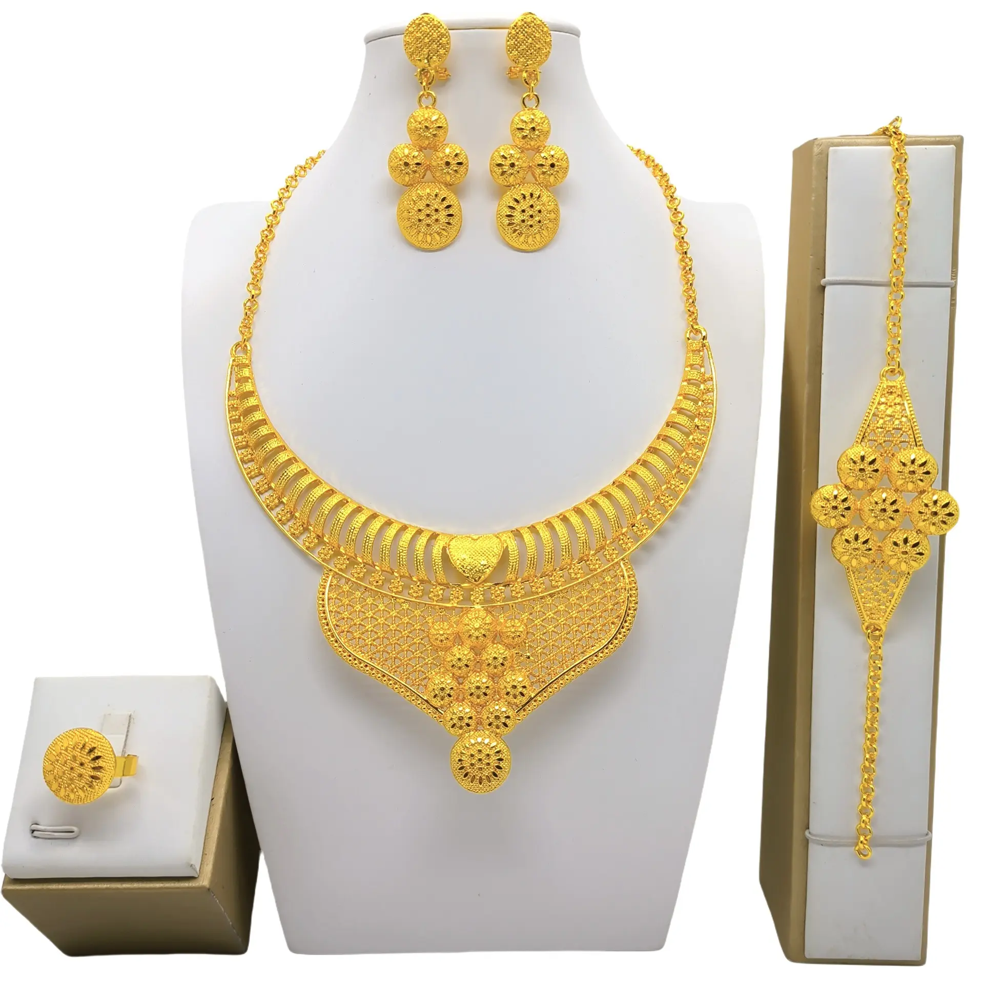 24K Gold Jewelry Suit Necklace Bracelet Earrings
