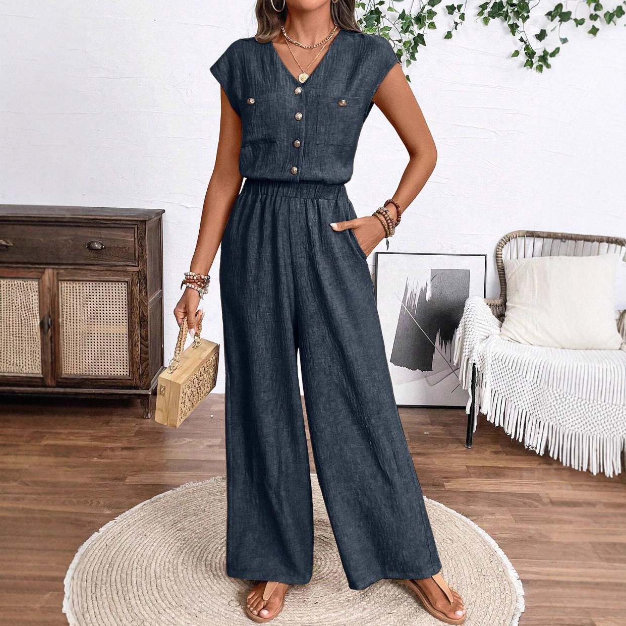 Womens Sleeveless Elegant High-Waisted Jumpsuit Pants