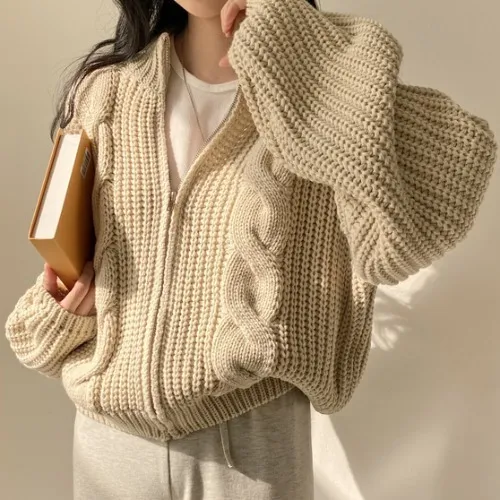 Idle Style Zipper Sweater Women's Coat Apricot - Shop at LoveMi