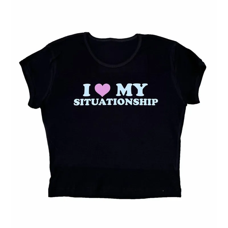 Round Neck Pullover Short Sleeve Letter Print Navel European And American T-shirt - Black