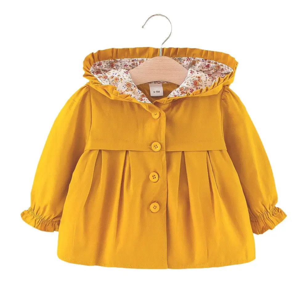 Children's Autumn Clothing Floral Lining Solid Color Hooded Single Breasted Korean Coat