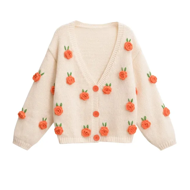 Fashion V neck Three dimensional Crocheted Long sleeved Cardigan 8211 Sweater V Neck - Shop at LoveMi