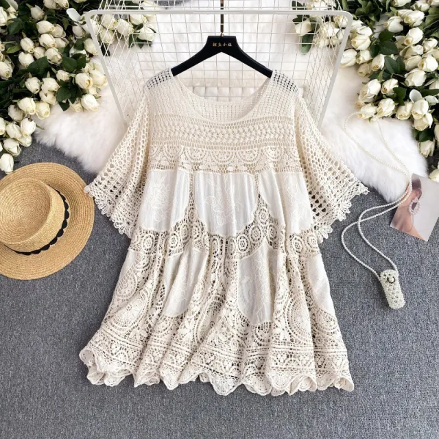 Summer Vacation Style Cutout Blouse Women's Korean Style Apricot - Shop at LoveMi