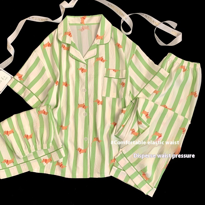 Striped Sausage Dog Pajamas Cloud Cotton Short-sleeved Trousers Three-piece Set