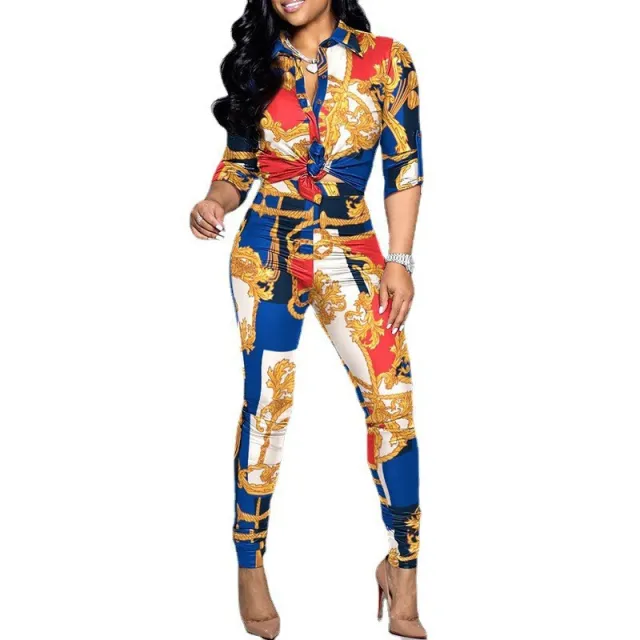 Cross Border Leisure Suit Color Matching Printed Long sleeved Lapel Shirt Casual Pants Two piece Set Blue - Shop at LoveMi