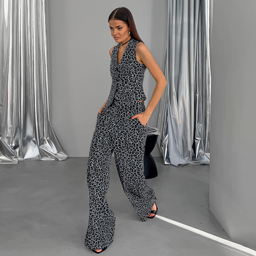 Women's Street Retro Leopard Print Casual Vest Trousers Two-piece Set
