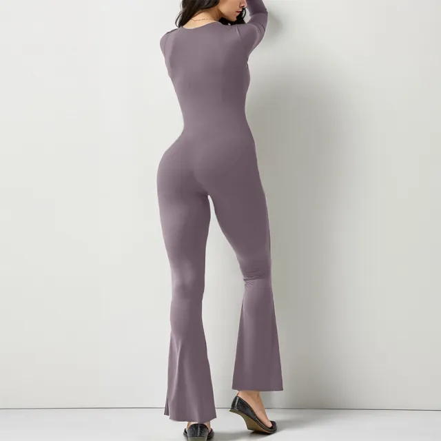Women Long Sleeve Belly Waist Shaping And Hip Lift Square Collar Wide Leg High Elastic Jumpsuit Purplish Gray - Shop at LoveMi