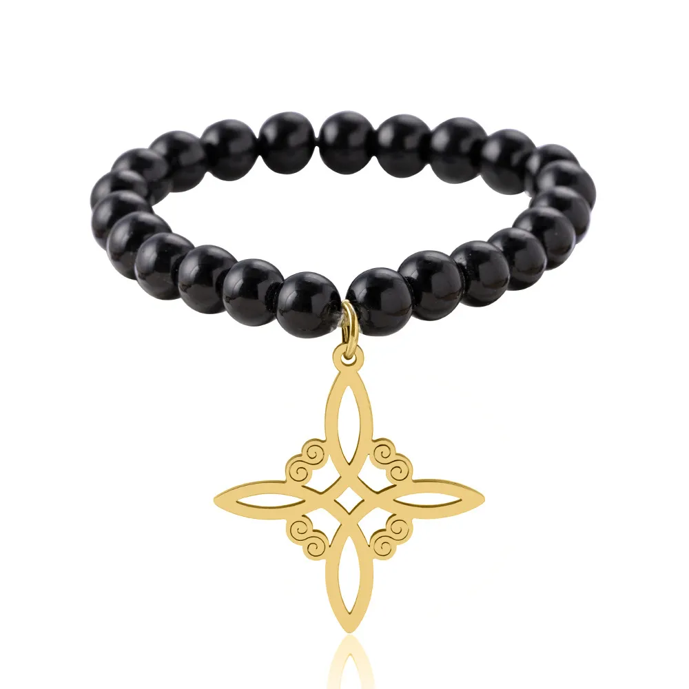 Cross Alloy Pendant Black Beaded Bracelet - Gold