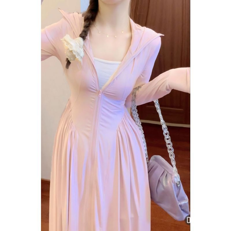 Outdoor Long UV Coat Hooded Dress Light Pink Skirt - Shop at LoveMi