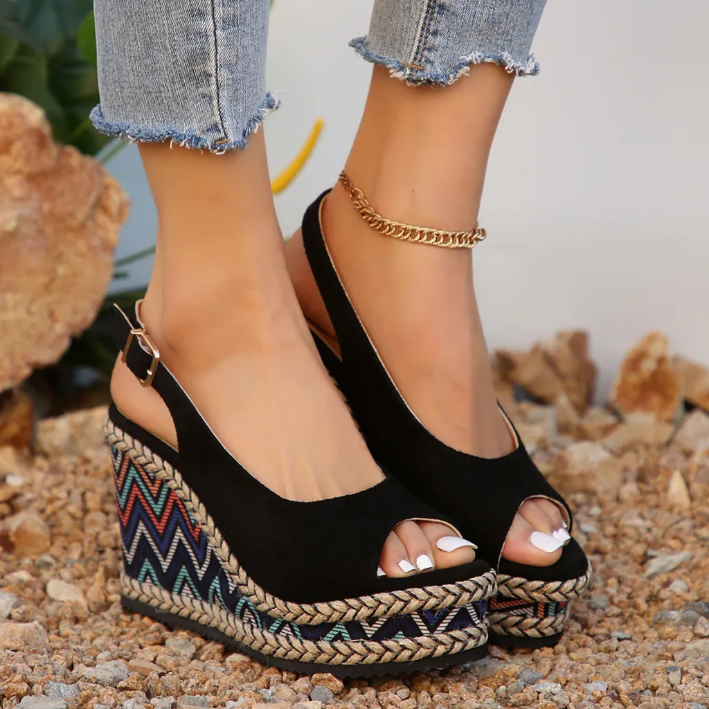 All-match High Heel Plus Size Wedge Sandals Women's Platform Platform Roman Style Shoes - Black