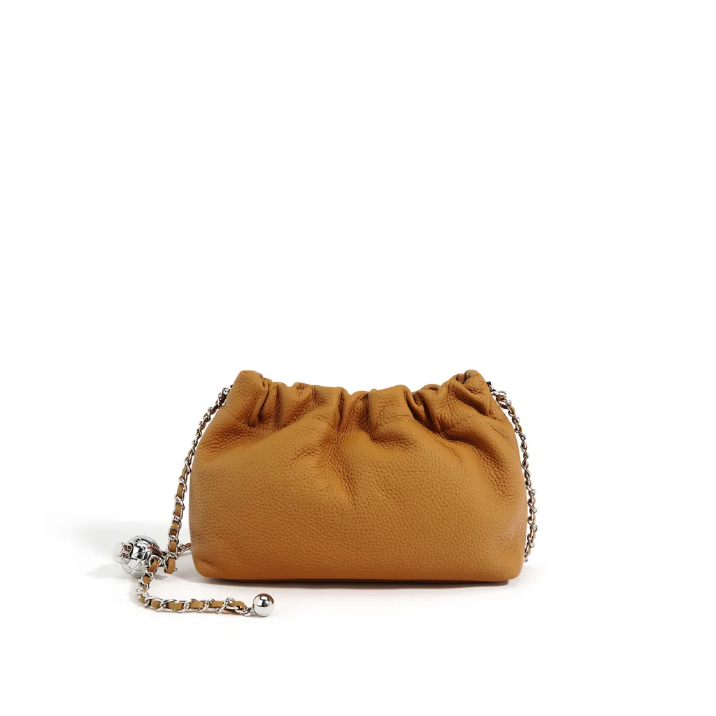 Top Layer Cowhide Texture Pleated Cloud Bag Women's Shoulder Crossbody - Brown