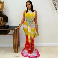Elegant Gradient-Colour Strap Design Bodycon Maxi Dress For Women - Yellow - View 1