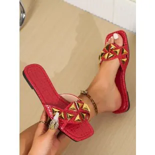 Plus Size Women's Slippers Outdoor All matching Studded Square Toe Flat Bottom Sandals Red - Shop at LoveMi
