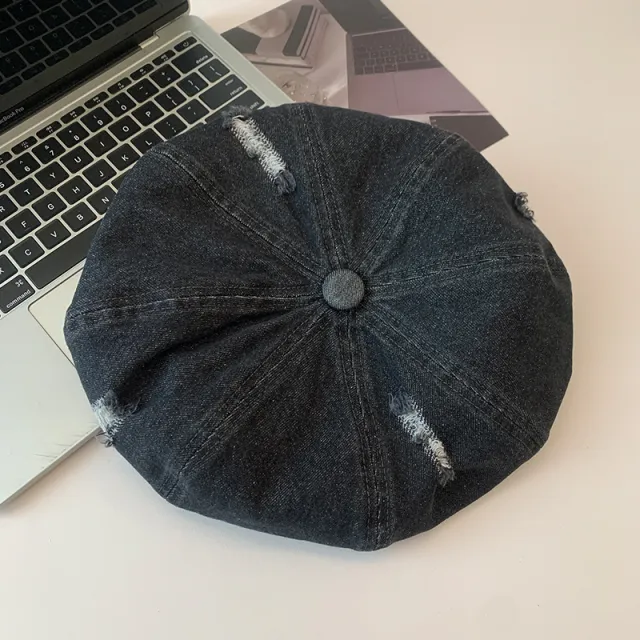 Korean Retro Make Old Ripped Denim Beret Black - Shop at LoveMi