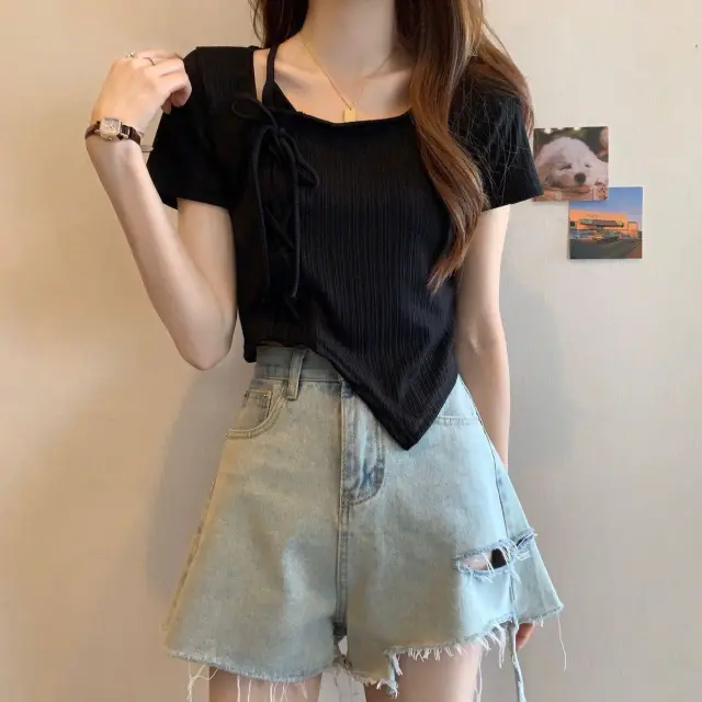 Women's Irregular Drawstring Short Sleeve Black - Shop at LoveMi