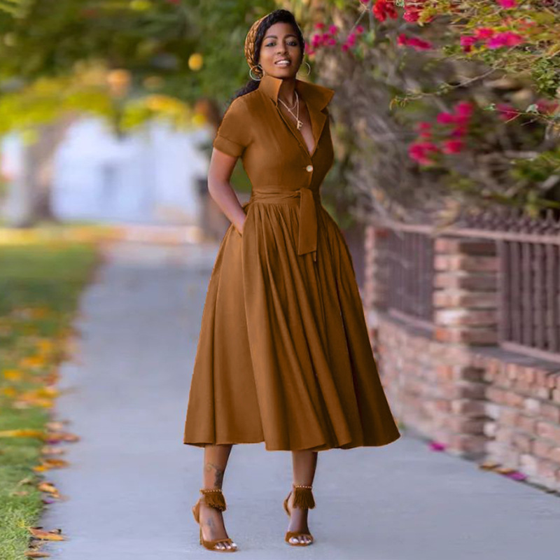Vintage Waist cinching Long sleeve Solid color Dress Brown - Shop at LoveMi