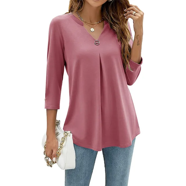 Casual And Comfortable Solid Color And V neck Clinch Loose Three quarter length sleeved T shirt Top For Women Pink - Shop at LoveMi