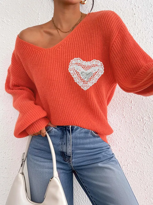 Women's V neck Lace Brick Bow Patchwork Pocket Pullover Top Orange - Shop at LoveMi