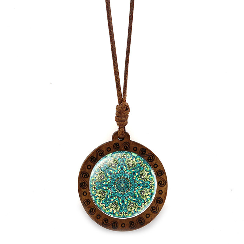 Mandala Flower Of Life Wood Pendant Brown Wax Rope Necklace
