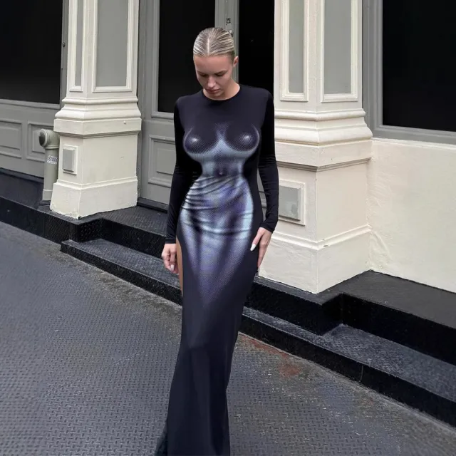 New Womens Fashion Elegant Printed High slit Long sleeve Slim fit Dress Black - Shop at LoveMi
