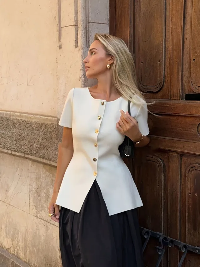 Women's Round Neck Metal Button Design Solid Color Short Sleeve White - Shop at LoveMi