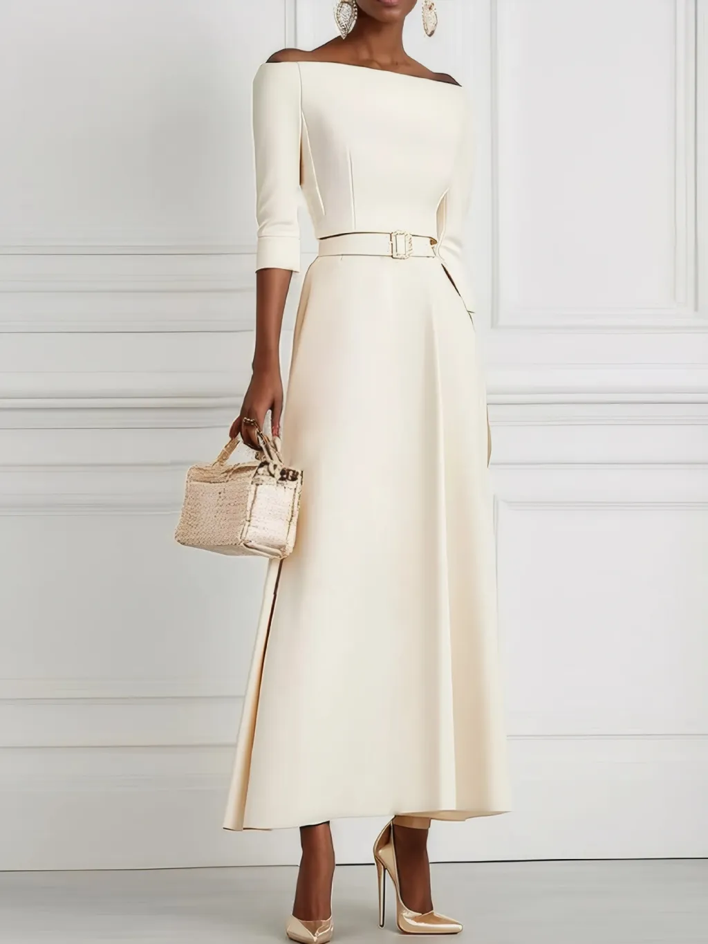 Solid Color Fashion Temperament Waist-controlled Off-shoulder Dress For Women - Beige