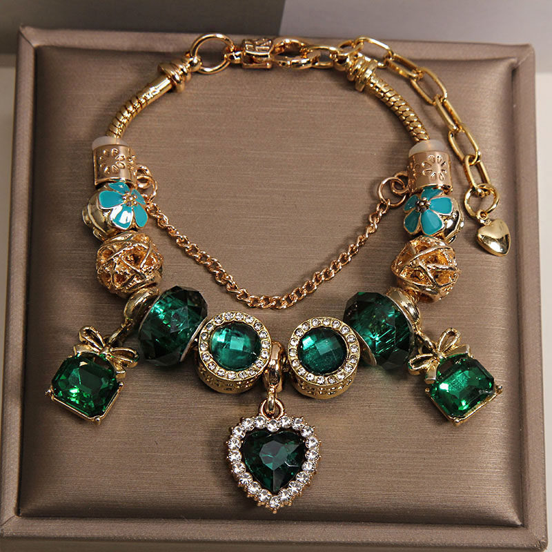 Green Crystal Heart Pendant Bracelet