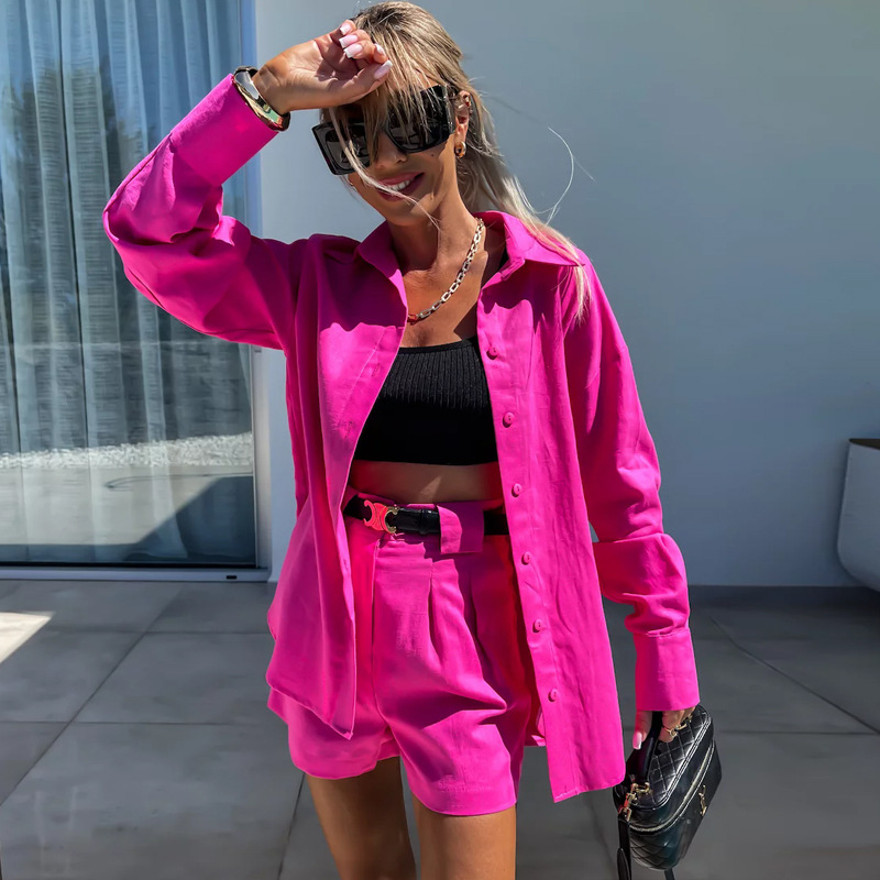 European And American Fashion Casual Summer Suit Women's Long sleeved Shorts Rose Red - Shop at LoveMi