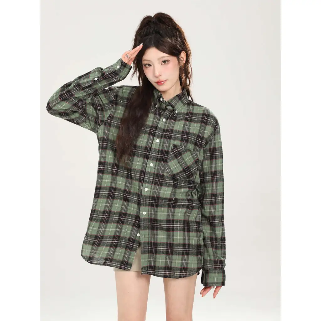 Retro Mid-length Sun Protection Shirt Coat Women - Green Plaid