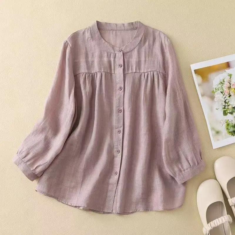 Casual Relaxed-fit Artistic Three-quarter-length Solid-color Shirt - Lotus Root Color-M