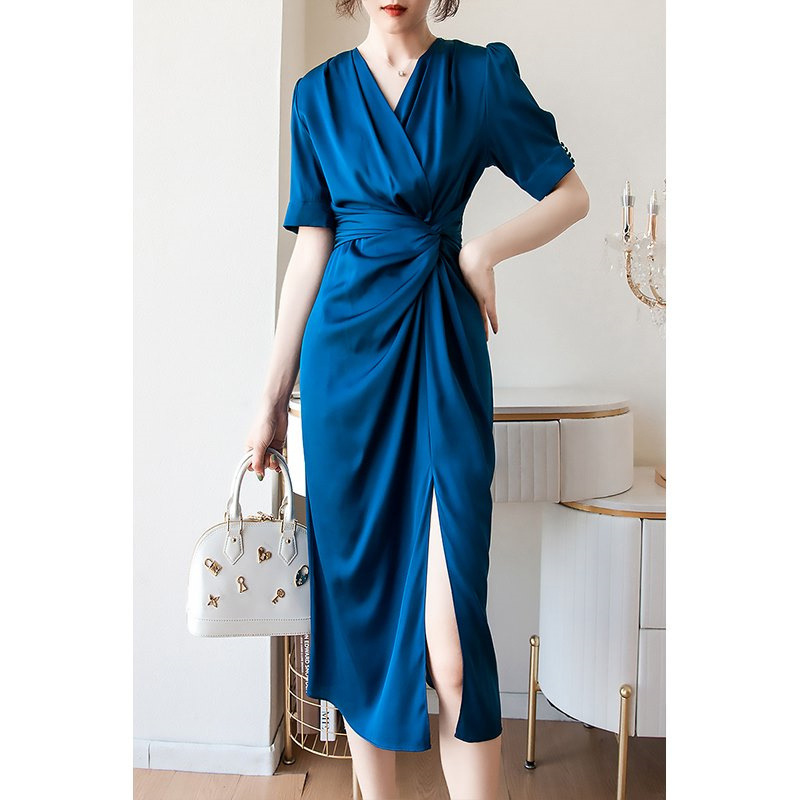 V neck Luxury Split Blue Midi Dress Blue - Shop at LoveMi