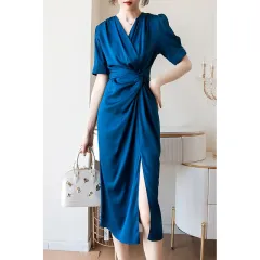 V-neck Luxury Split Blue Midi Dress - Blue - View 1