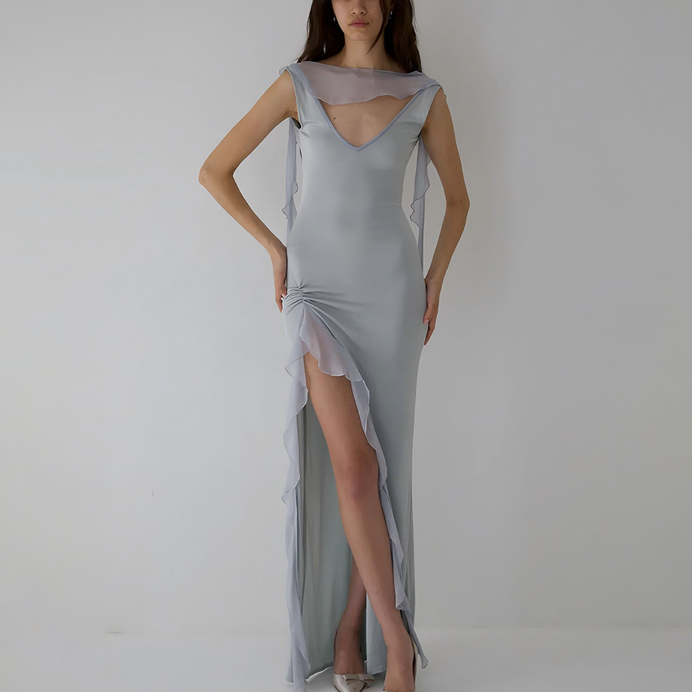 Ribbon Women Backless High Slit Dress