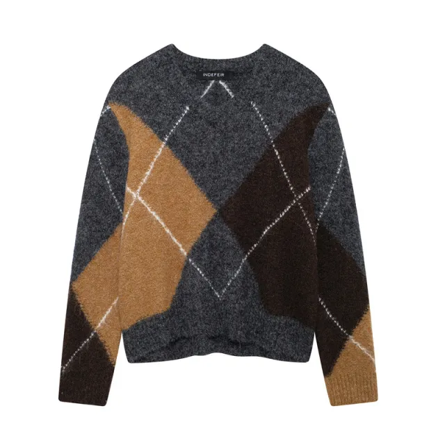 Fashionable Casual All match Round Neck Diamond shaped Sweater - Shop at LoveMi