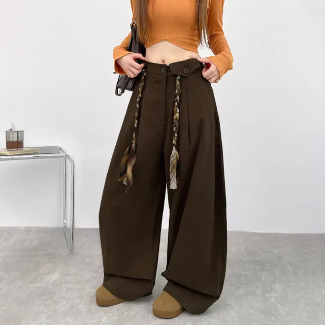 Womens High waisted Drapey Straight leg Loose fit Wide leg Pants Brown - Shop at LoveMi